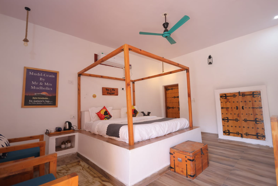 Muddgram Homestay exterior mudhouse in NCR Haryana Mahendergarh with traditional charpai beds